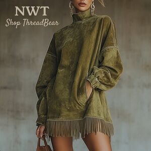 Wow! [Yohers] Green Faux Suede NWT Mock Dress + Fringe Trim & Pockets | Medium